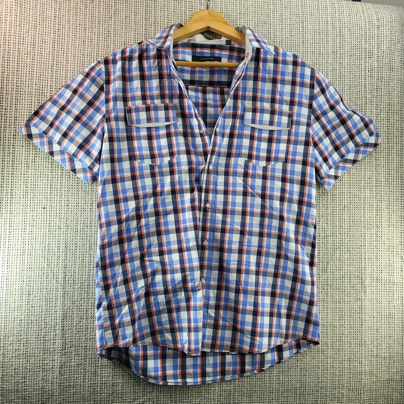 7diamonds Shirt Mens Medium Blue Orange Plaid Short Sleeve Button Front